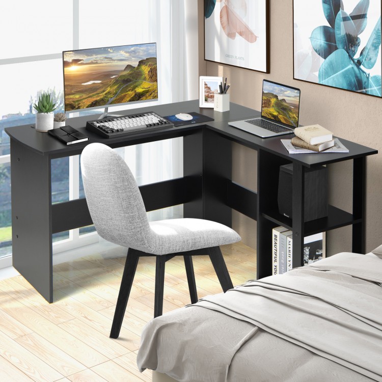L-shaped computer desk with storage shelves, featuring a spacious desktop and cable management for a tidy workspace.